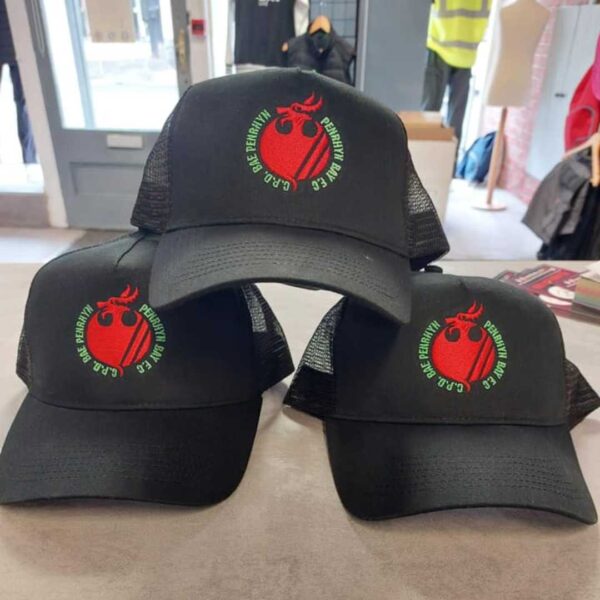 personalised company work business cap hat running workwear with logo north west wales black red