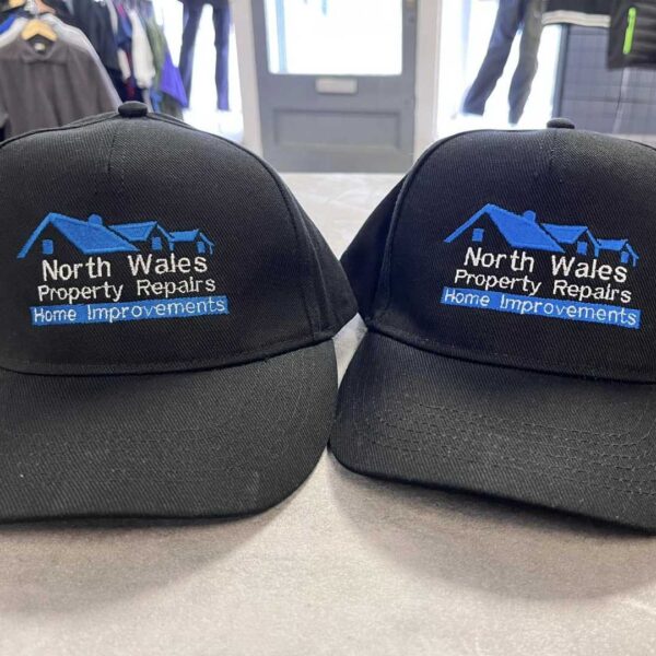 personalised printed embroidered cap hat running workwear team wear with logo printed north west wales blue logo