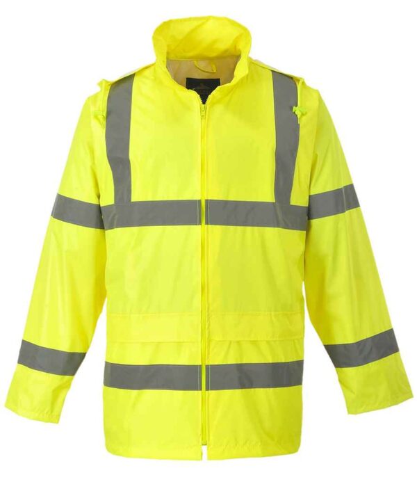 Portwest Hi-Vis Rain Jacket personalised customised company logo front back print high quality north west wales yellow bulk or no minimum order front