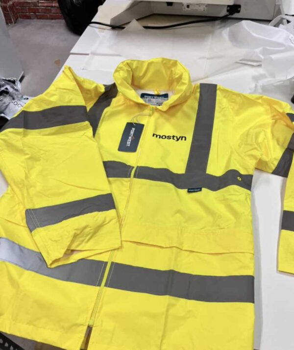 Portwest Hi-Vis Bomber Jacket personalised customised company logo front back print high quality north west wales yellow high vis