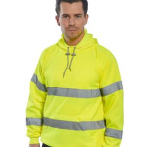 Portwest Hi-Vis Hoodie personalised customised businesss company work team wear high vis hoodie yellow orange high quality front back print embroidery north west wales model