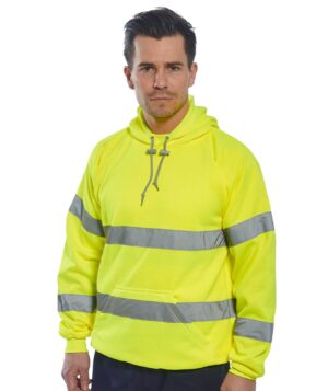 Portwest Hi-Vis Hoodie personalised customised businesss company work team wear high vis hoodie yellow orange high quality front back print embroidery north west wales model