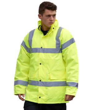 Portwest Hi-Vis Traffic Jacket personalised customised company logo front back print high quality north west wales yellow bulk or no minimum order