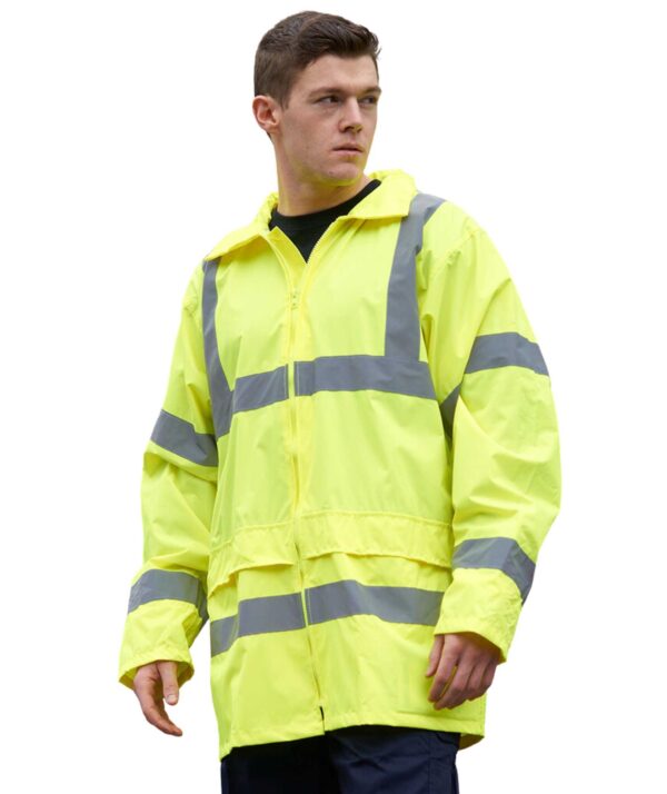 Portwest Hi-Vis Rain Jacket personalised customised company logo front back print high quality north west wales yellow bulk or no minimum order front