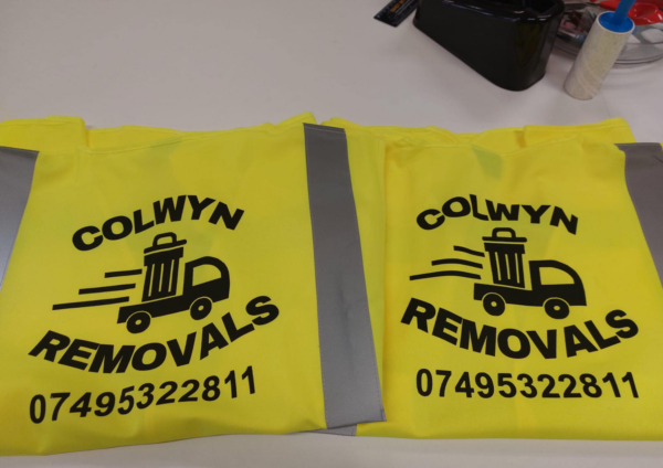 personalised coompany business high vis vest with logo print front back large high quality north west wales large back print