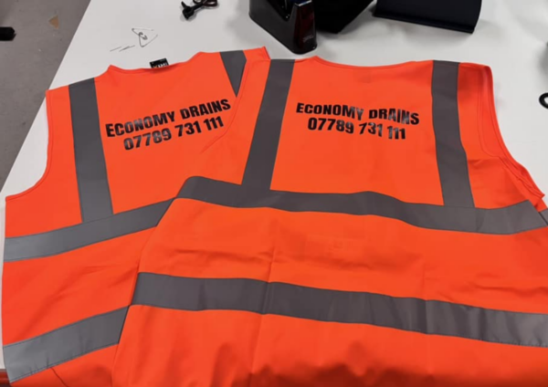 personalised coompany business high vis vest with logo print front back large high quality north west wales orange black print