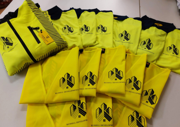 personalised coompany business high vis vest with logo print front back large high quality north west wales with matching polos