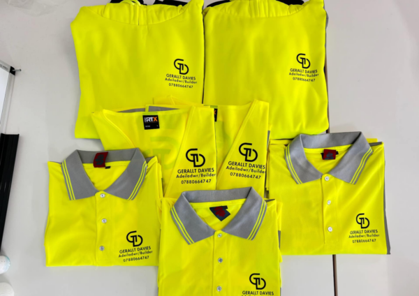 personalised coompany business high vis vest with logo print front back large high quality north west wales with polos yellow