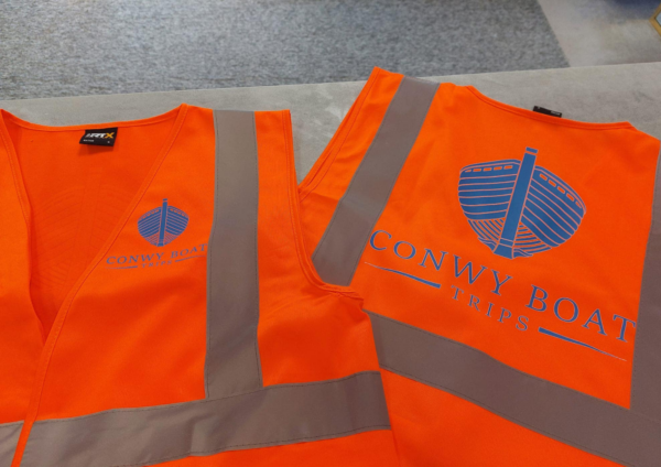 personalised coompany business high vis vest with logo print front back large high quality north west wales yellow blue print front and back