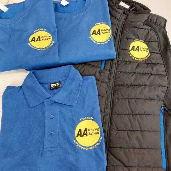 personalised workwear logo print embroidery t shirts polos professional north west wales driving instuctor blue black yellow