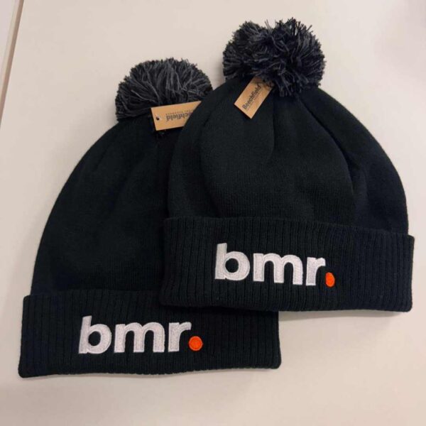 personalised pom pom hat work professional with logo high quality embroidery north west wales