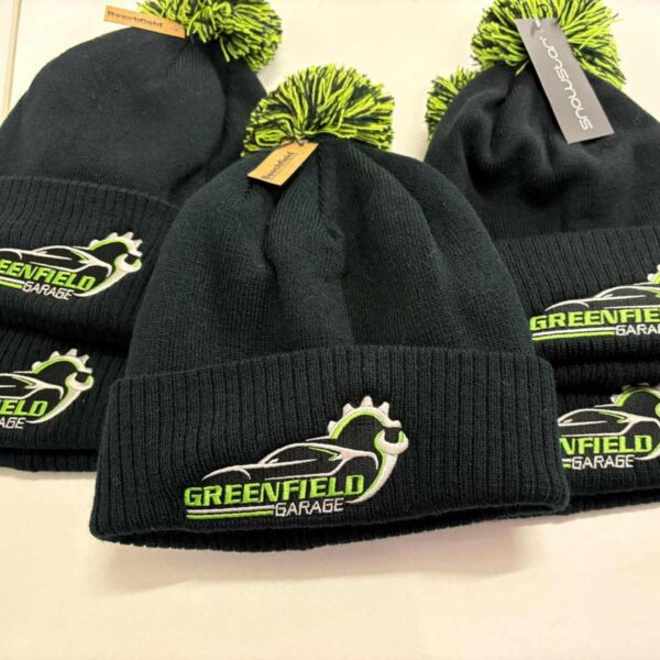 personalised pom pom hat work professional with logo high quality embroidery north west wales black lime green