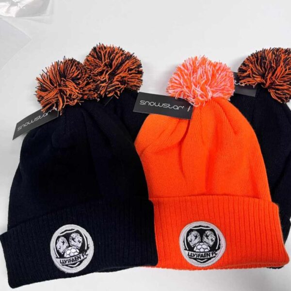 personalised pom pom hat work professional with logo high quality embroidery north west wales black orange red