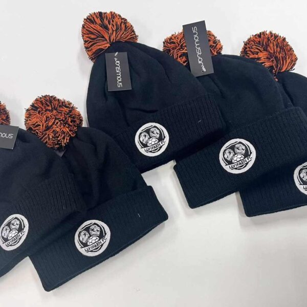 personalised pom pom hat work professional with logo high quality embroidery north west wales black orange white