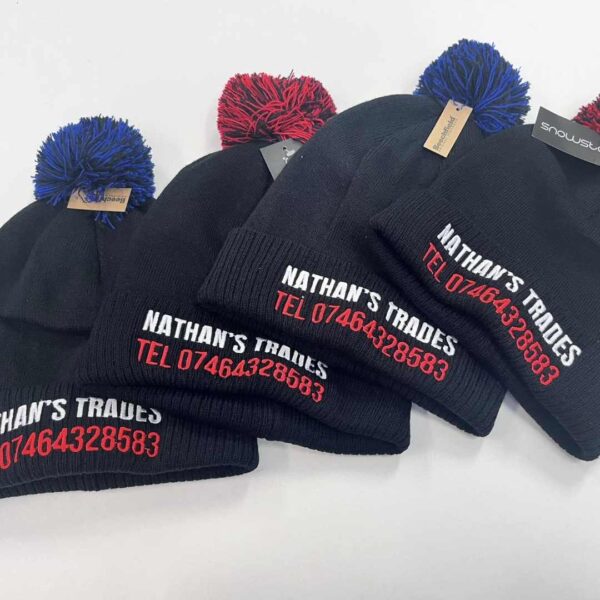 personalised pom pom hat work professional with logo high quality embroidery north west wales black red royal blue