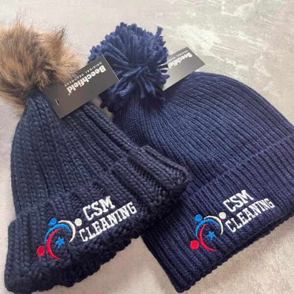 personalised pom pom hat work professional with logo high quality embroidery north west wales blue wooly