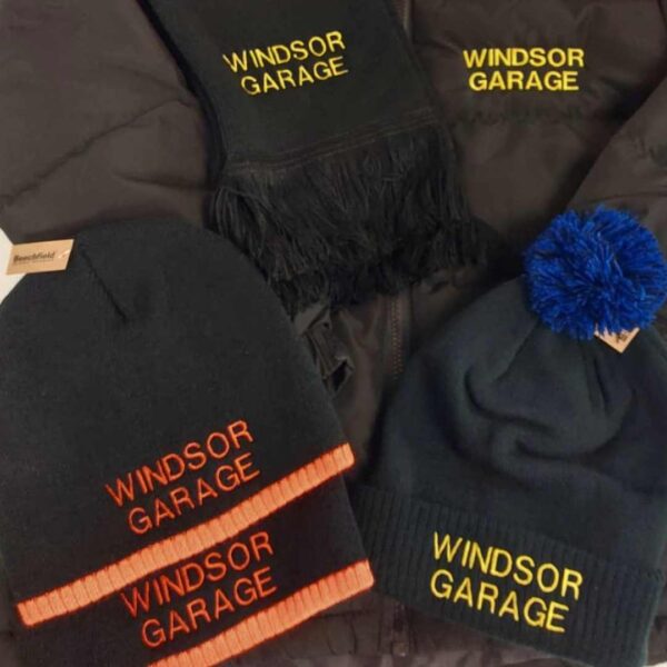 personalised pom pom hat work professional with logo high quality embroidery north west wales bundles