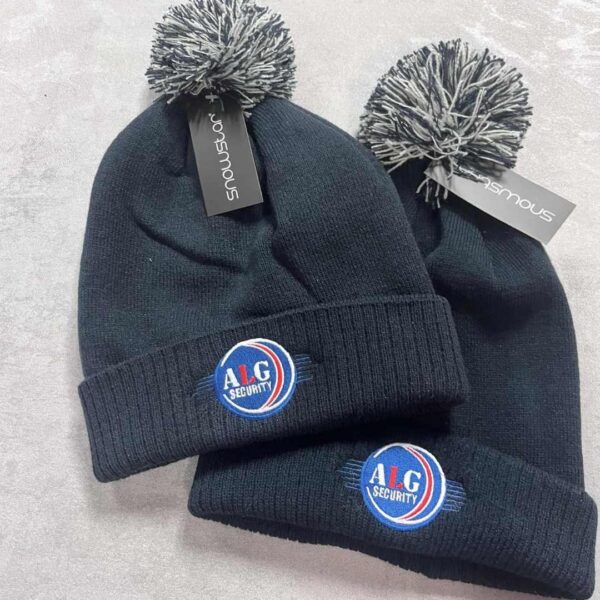 personalised pom pom hat work professional with logo high quality embroidery north west wales navy