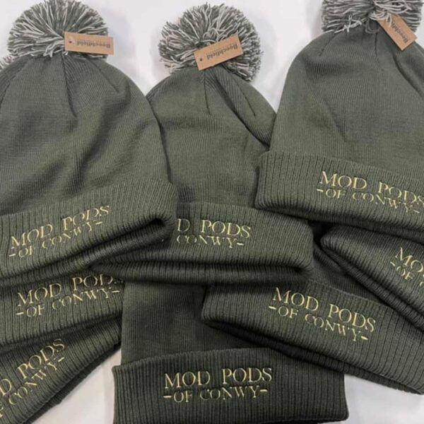 personalised pom pom hat work professional with logo high quality embroidery north west wales olive green white