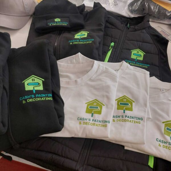 awesome autumn workwear bundle t shirts polos caps beanies hats high quality affordable workwear teamwear jacket gilet top t shirt polo black white green print embroidery