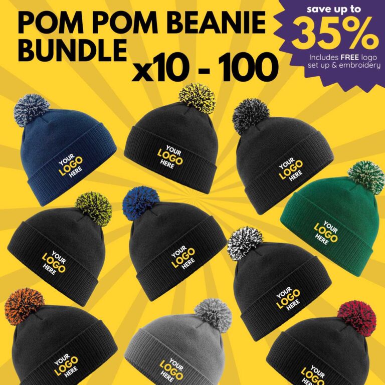 pom piom beanie bundle hat wooly work wear team company with branded logo bulk order north west wales 100