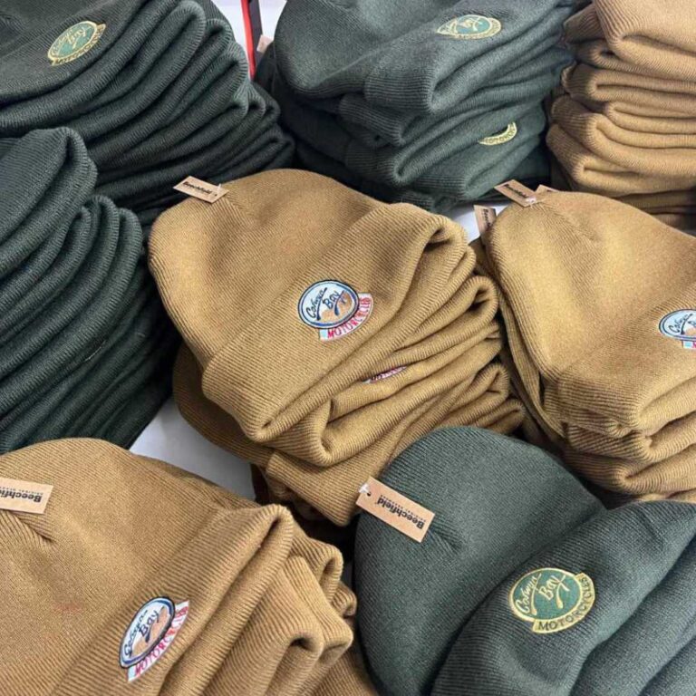 personalised branded work team wear beanies hats with logo embroiered