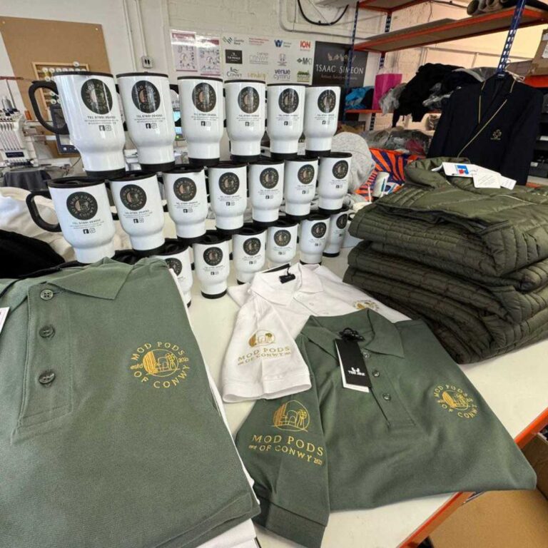 personalised branded workweat white green polos logo chest shoulder travel mugs with print high quality north west wales