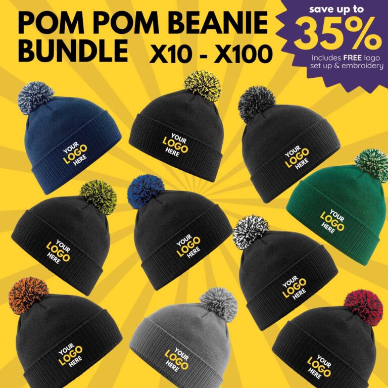 x10 x100 pom pom hat beanie bundle personalised branded with logo high quality north west wales