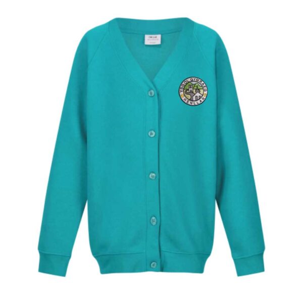ysgol gymraeg henllan gwisg ysgol school uniform jade green sweat cardigan with logo
