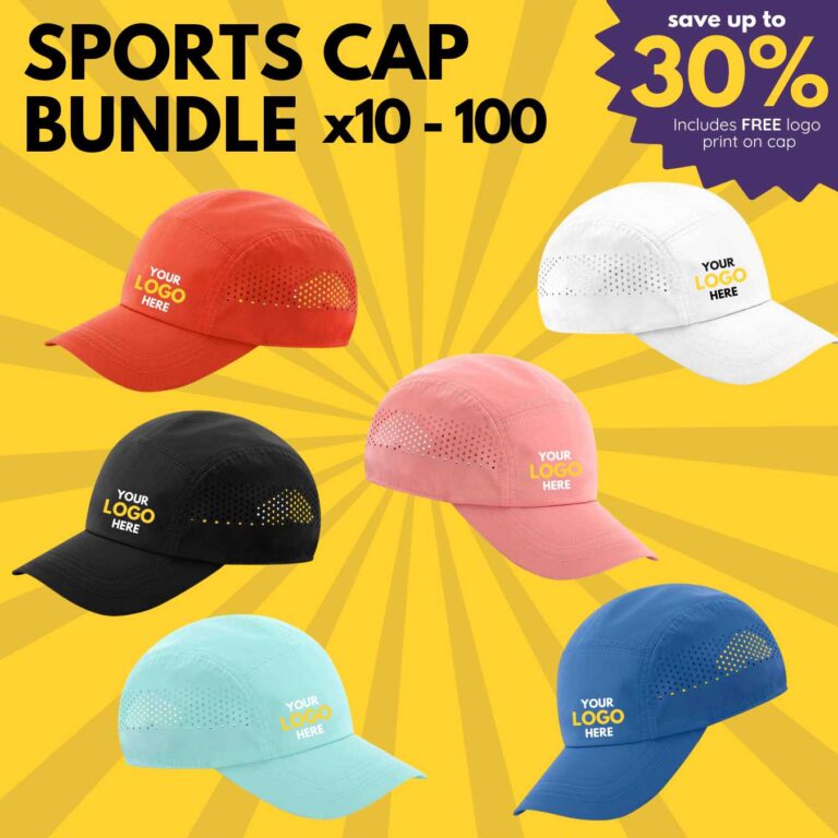 workwear teamwear sports running training cap bundle no minimum order high quality fast turnaround wide range colours red white pink black blue turquoise navy royal with logo print front