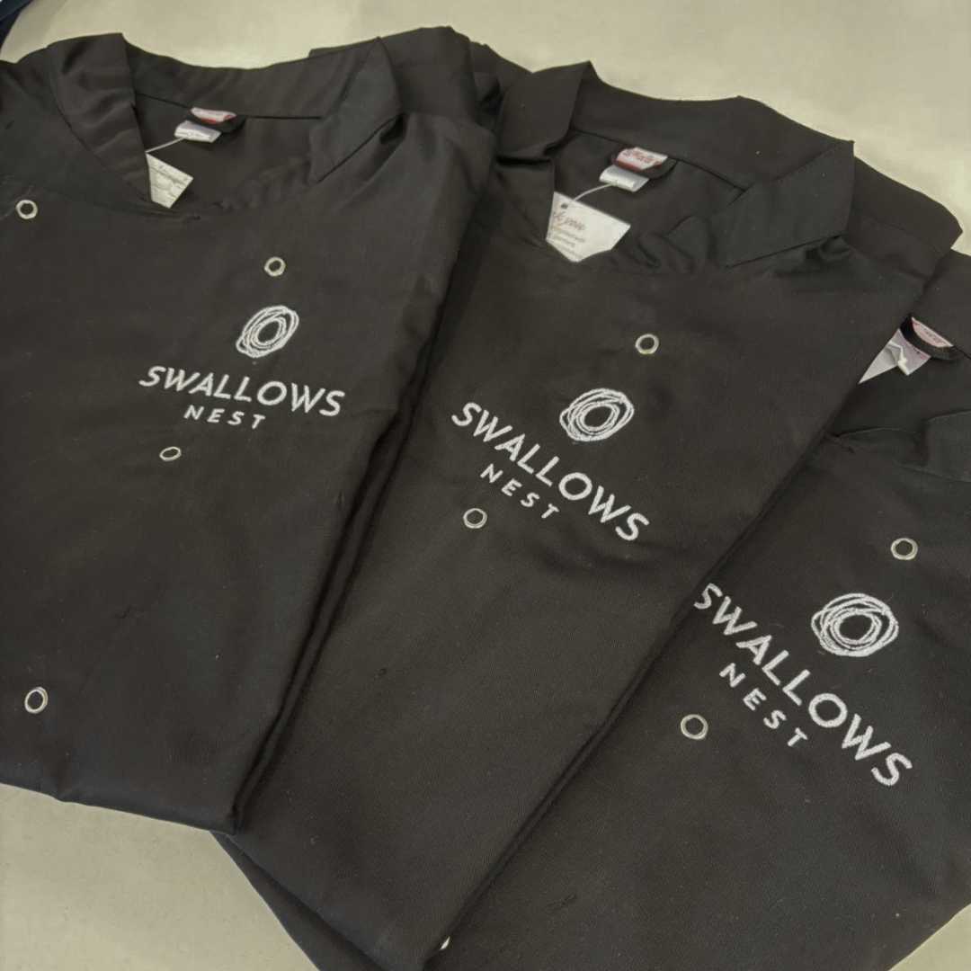 personalised branded chef jacket with logo print embroidered high quality cake bake international custom black white