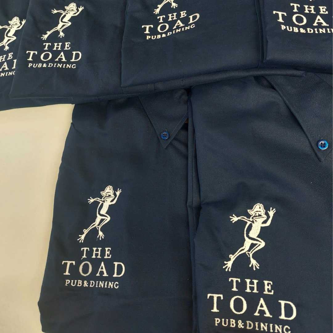 personalised branded chef jacket with logo print embroidered high quality cake bake international custom navy white